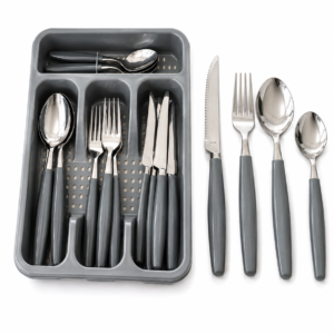 Conjunto de Talheres Aço Inoxidável Cor Cinza - 24 peças com Organizador Gaveta.