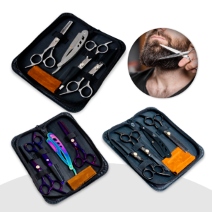 Conjunto 3 Tesouras Profissionais Barbeiro Fio Laser mais Navalha