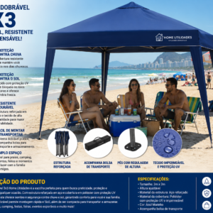 Gazebo Dobrável HOME 3x3 Articulado 3m X 3m X 2.5m - Azul