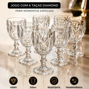 Jogo 6 Taças Diamante Vidro 330ml Copo Diamond Moderno Luxo